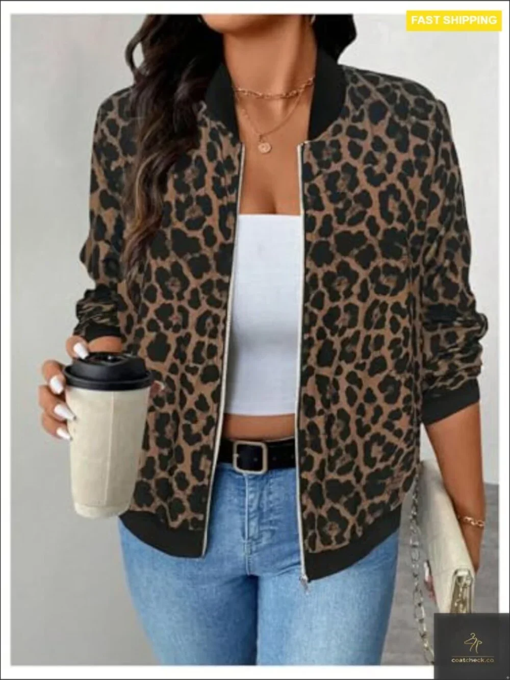 Leopard Print Zip Up Jacket Long Sleeve Collared Lightweight Casual Outerwear